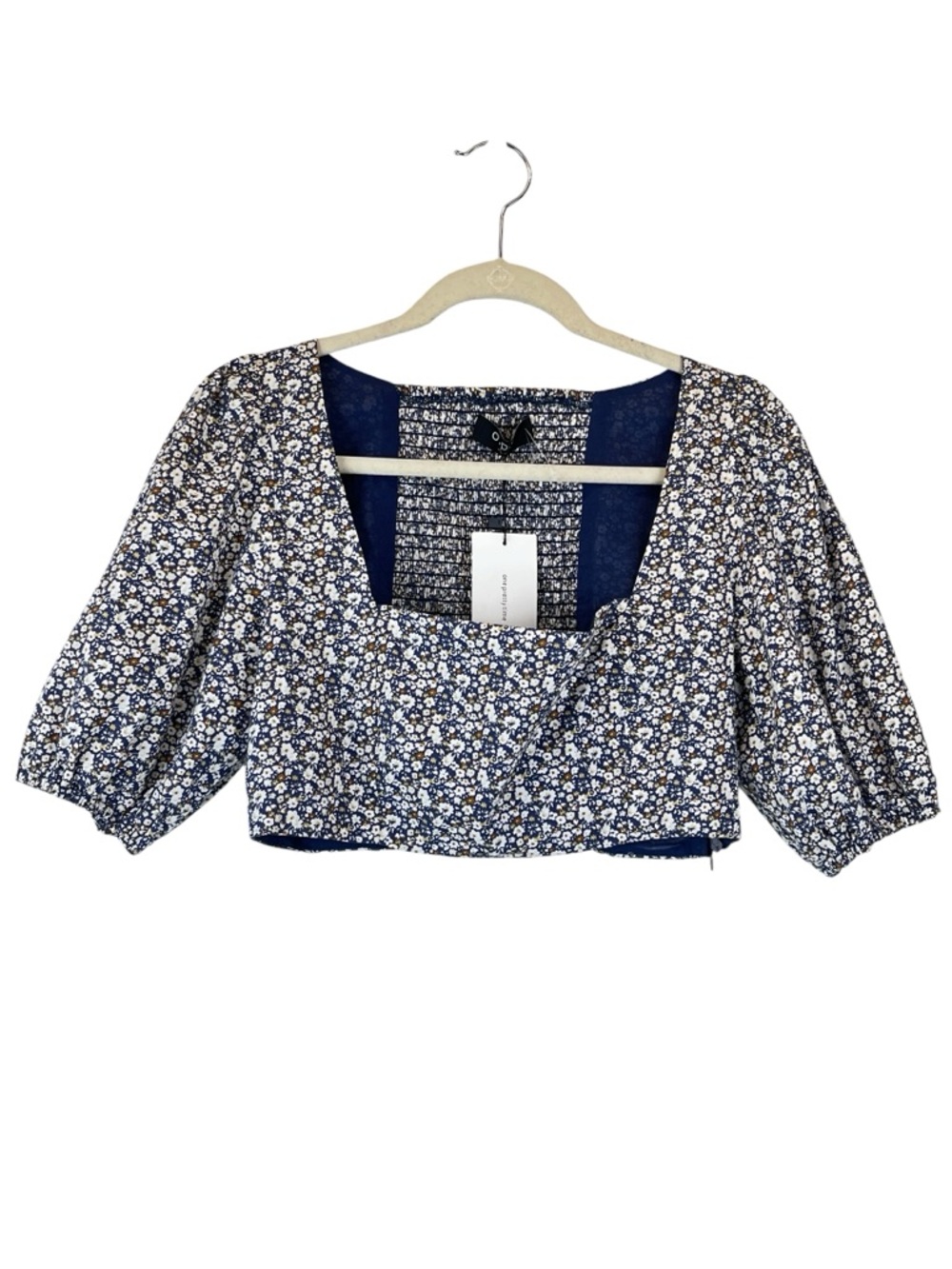 NEW Anthropologie O.P.T Floral Puff Sleeve Cropped Top Navy Blue White Sz L NWT